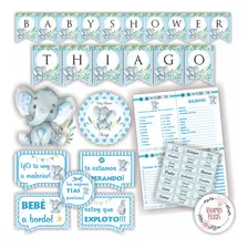 Kit Baby Shower Elefante Puntos Y Rayas Editable Bebé Nene