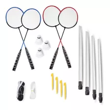 Kit Badminton Com 4 Raquetes, 3 Volantes, Rede E Suportes