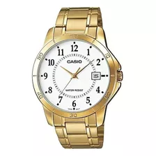 Reloj De Pulsera Casio Enticer Mtp-v004 De Cuerpo Color Dorado, Analógico, Para Hombre, Fondo Blanco, Con Correa De Acero Inoxidable Color Dorado, Agujas Color Dorado, Dial Negro, Minutero/segundero N