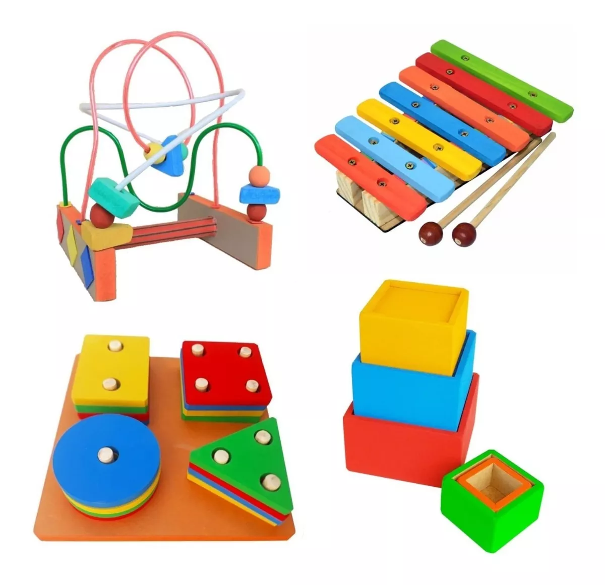 Kit Com 4 Brinquedos Educativos De Madeira Primeira Infância