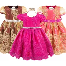 Vestido Infantil Festa Princesa Realeza Rosa Dourado Masha 