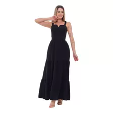 Vestido Longo Feminina C/ Bojo Vem Forrado Gola V Elástico