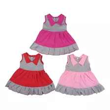 Roupa Para Bebê Menina Vestido Malha Algodão Kit Com 3 Peças