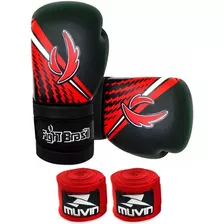 Luva Muay Thai Boxe Injetada Preta C/ Vermelha + Bandagem 5m