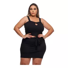 Conjunto Gota Saia E Cropped Com Elastano Plus Size Canelado