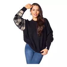 Blusa Feminina Biamar Tricot Manga Xadrez Preto/bege