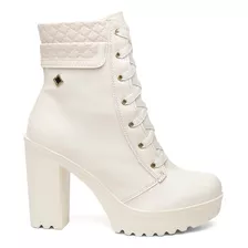 Bota Coturno Botinha Off White Feminina Salto Alto Grosso 