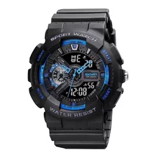 Reloj Pulsera Skmei 1688 De Cuerpo Color Negro, Analógico-digital, Para Hombre, Fondo Negro, Con Correa De Poliuretano Color Negro, Agujas Color Azul Y Gris, Dial Negro, Azul Y Gris, Subesferas Color 