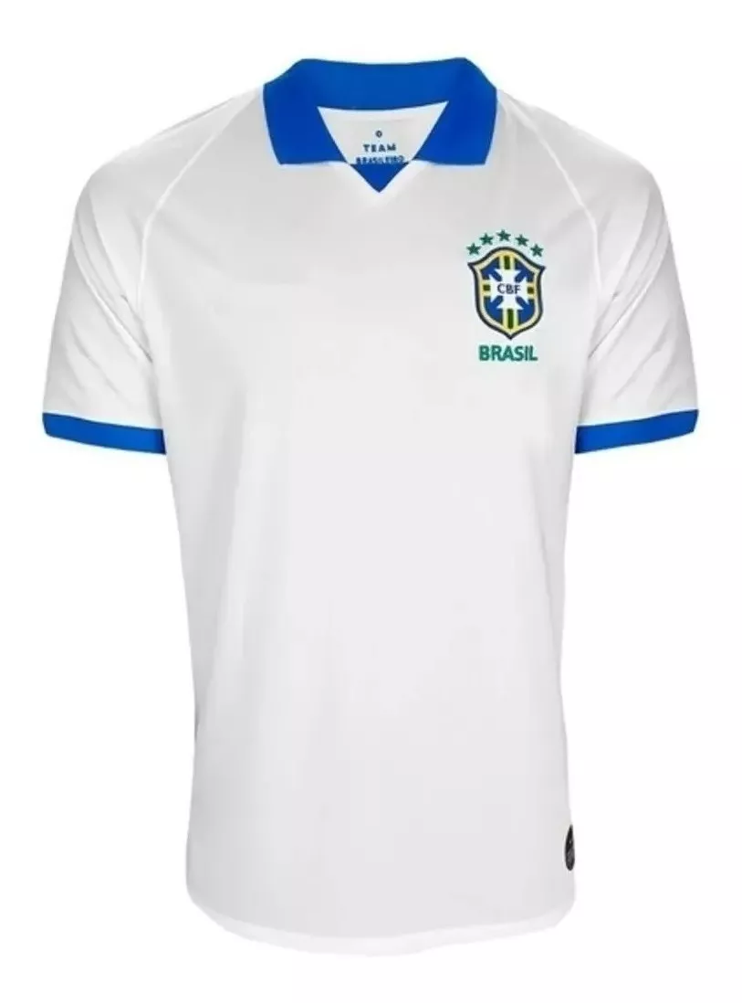 Camisa Nova Seleção Brasileira Branca Polo Gola Azul Of 