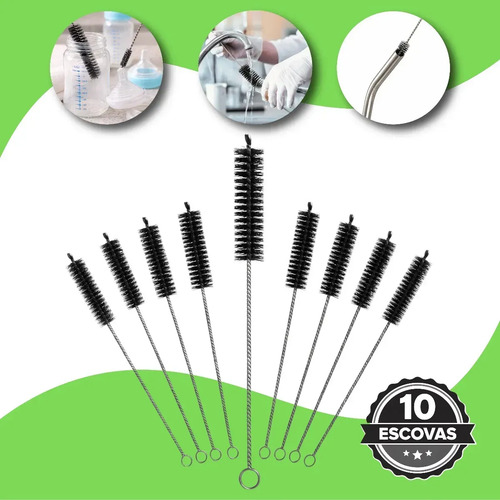 Kit 10 Escovas De Limpeza Nylon Para Canudos, Garrafas, Copos, Mamadeiras E Tubos Cerdas Flexíveis, Antiferrugem E Alta Durabilidade Boa Dica Preto