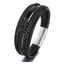 Pulsera Hombre Cuero Trenzado Negro Cierre Iman 5 En 1