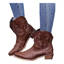 Botas Vaqueras Vintage Con Punta Bordada Para Mujer