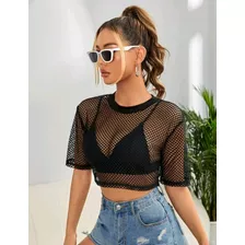 Blusinha Cropped Em Tela Arrastão Tendencia