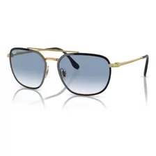 Óculos De Sol - Ray-ban - Rb3708 90003f 59 Armação Preto Sobre Ouro Haste Ouro Lente Azul-claro Desenho Quadrado