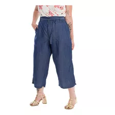 Calça Pantacourt Plus Size Sarja Jeans Escuro Com Lastex