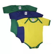 Kit C/3 Body Bebê Curto Cores Seleção Brasileira Malha Lisa 