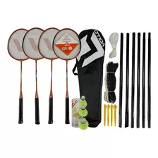 Kit Badminton Vollo 4 Raquetes 3 Petecas Nylon Rede Suporte