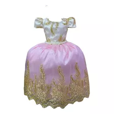 Vestido Infantil Marfim C/ Rosa Cinto Pérolas Renda Realeza