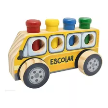 Carro Bondinho Escolar Com Pinos Madeira Amarelo Newart 203