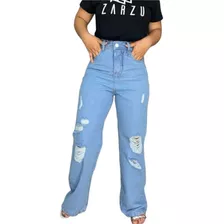 Calça Jeans Feminina Zarzu Wide Leg Dt Cristal Destroyed