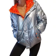 Campera Mujer Puffer Metalizada Capucha Abrigada Tendencia 