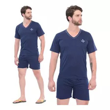 Pijama Masculino Manga Curta E Short Gola V Roupa De Dormir 