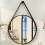 Espelho Redondo 60cm Adnet Alça De Couro Preto Dupla Costura E Suporte Em Alumínio Quarto, Banheiro, Sala Mf901