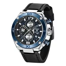 Relógio Benyar 5151_mov. Quartz_chronograph 1/10_leather Para Homens, Cor De Malha, Cor De Fundo Preta, Azul Prateado