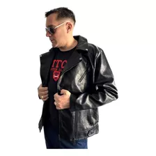 Campera Hombres Rockera Eco Cuero Negra Cierre Cruzado