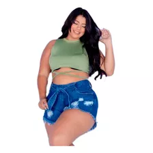 Short Jeans Plus Size Cintura Alta Barra Desfiada Com Cinto