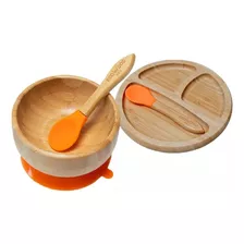 Plato Para Bébé Y Bowl De Bambú Antiderrapante + Cubiertos Color Naranja Liso