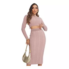 Conjunto Tricô Modal Deolane Cropped Saia Midi Trança Luxo