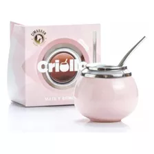 Mate Ceramica Criollo Rosa Bombilla Acero Regalo Packaging