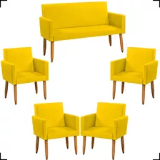 Kit Namoradeira Decorativa Sofá 2 Lugares + 4 Poltronas Cor Amarelo Desenho Do Tecido Suede Liso