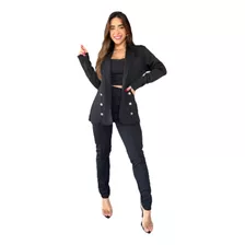 Conjunto Feminino Max Blazer Longo Botões Cropped E Calça