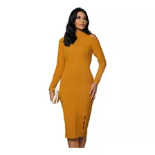 Vestido Midi Tricot Fendas Elegante Tricô Modal Feminino