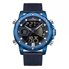 Reloj De Pulsera Naviforce Nf9172 De Cuerpo Color Azul, Analógico-digital, Fondo Negro, Con Correa De Cuero Color Azul, Agujas Color Plateado Y Azul Y Blanco, Dial Blanco Y Azul, Minutero/segundero Bl