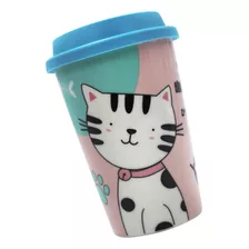 Vaso Termo Para Café Con Tapa Porcelana Diseño Gato 400ml Color Gato Tapa Azul