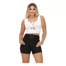 2 Short Cintura Alta Cinto Bengaline Curto Bolsos Verão Top