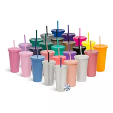 Paquete 12 Vasos Reusables 24oz Tipo Venti Con Tapa Y Popote