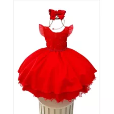 Vestido Infantil Vermelho Luxo C/ Renda E Cinto De Pérolas