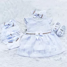 Vestido Luxo Rn A 8 Meses Renda Baby Kit 5 Pçs Linda Menina
