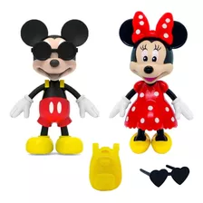 Boneca Da Minnie E Boneco Do Mickey + Óculos E Mochila 13cm