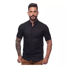 Camisa De Linho Masculina Gola Padre Manga Curta Lisa