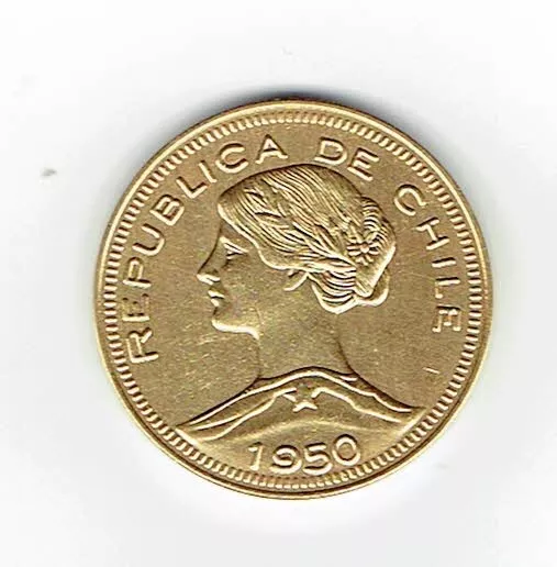 Moneda De Chile, 10 Cóndores, 1950, Enchapada En Oro.  Jp