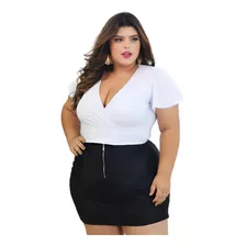 Cropped Canelado Manga Flare Moda Feminina Plus Size