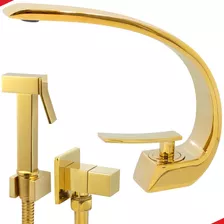 Torneira Monocomando Lua Dourada E Ducha Higiênica Lavabo Acabamento Brilhante Cor Dourado