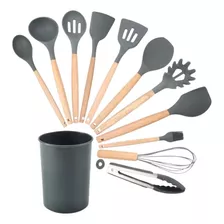 Jogo 12 Colheres De Silicone Bambu Utensílios Cozinha Concha Cor Cinza