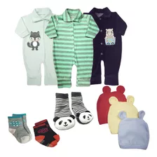 Kit Roupa De Bebê 9 Peças Macacão Plush Bordado E Acessórios