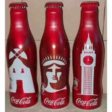 Set De 3 Botellas Coca Cola Aluminio Llenas España 